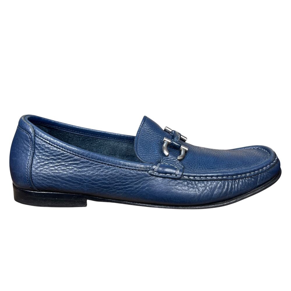 Salvatore Ferragamo Men’s Pebbled Blue Gancini Bit Loafers Size 9 D